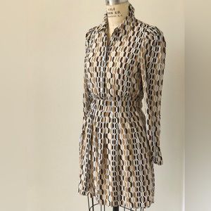 Maje, Size 6, Geometric Shirt Dress L/S With pleated waist detail.